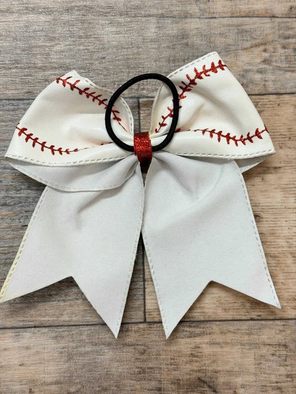 NWOT Vegan Leather White Baseball Red Stitch Bow Pony Tail Holder - Picture 4 of 6